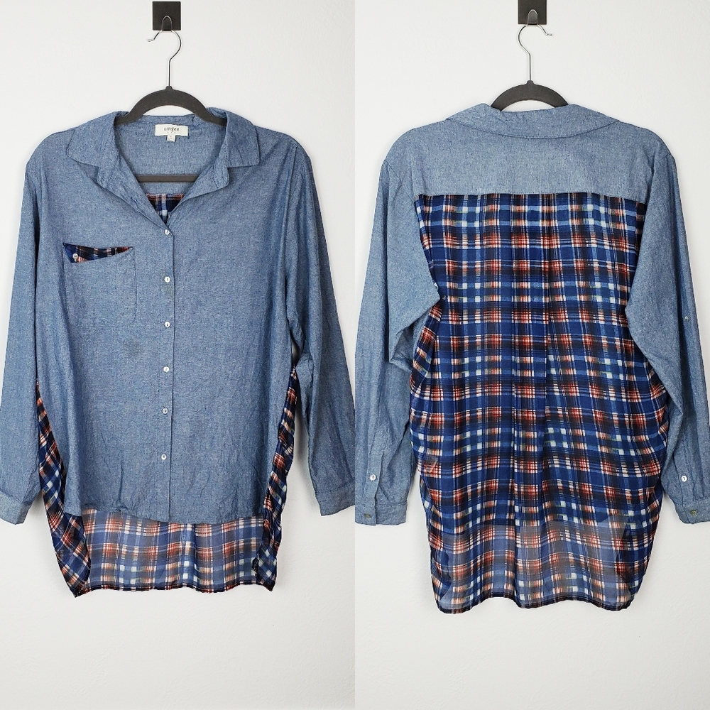 Umgee Top Button Front Blouse Plaid Chiffon Mixed Media Boho Spring Fall